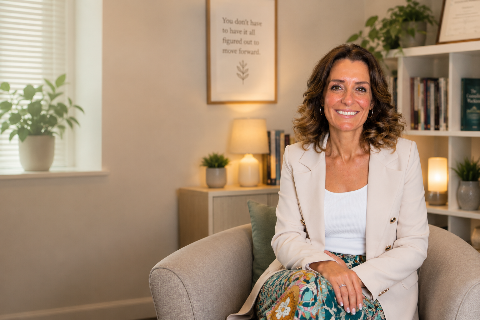 Natasha, BACP registered counsellor, seated in her counselling room in Hertfordshire
